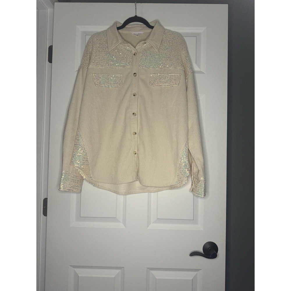 Sewn And Seen Corduroy Shacket Large Cream W Iridescent Sequins
